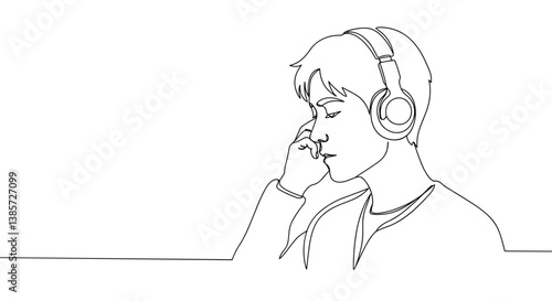 One-Line Art of a Boy Listening to Music with Headphones  