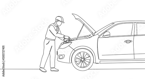 Mechanic inspecting car engine in line art style on white background  