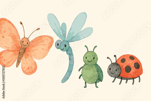 Whimsical watercolor insects: butterfly, dragonfly, green beetle, ladybug for spring design