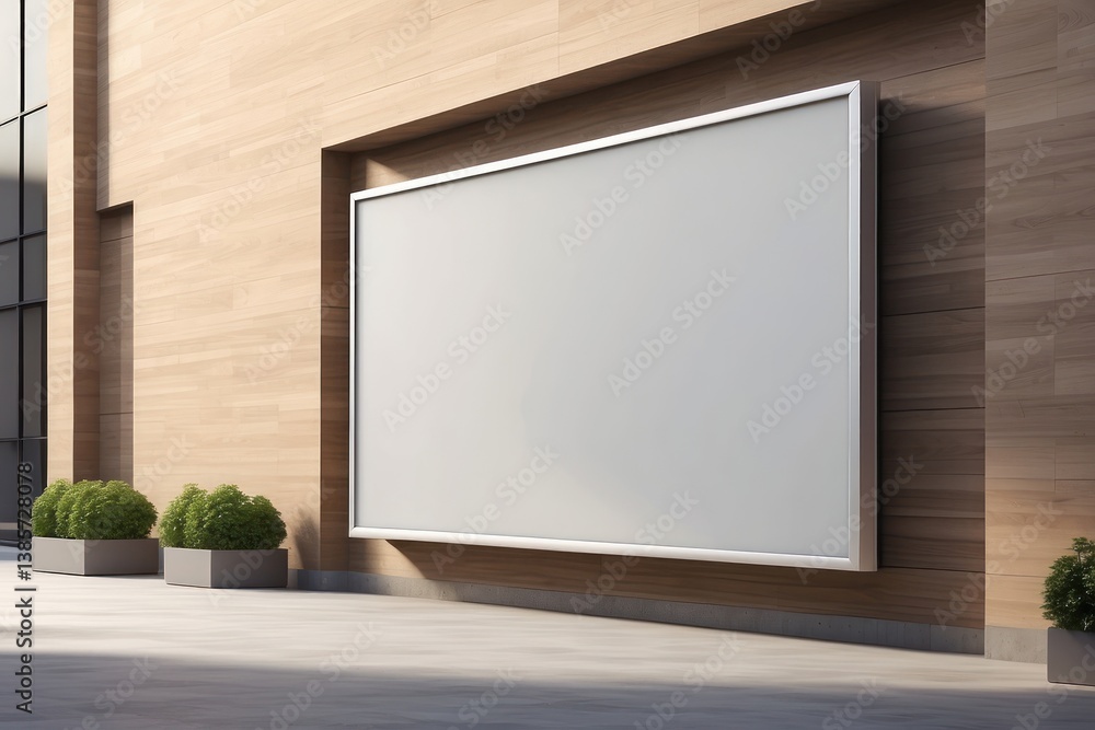 A blank wall-mounted billboard on the side of a modern store