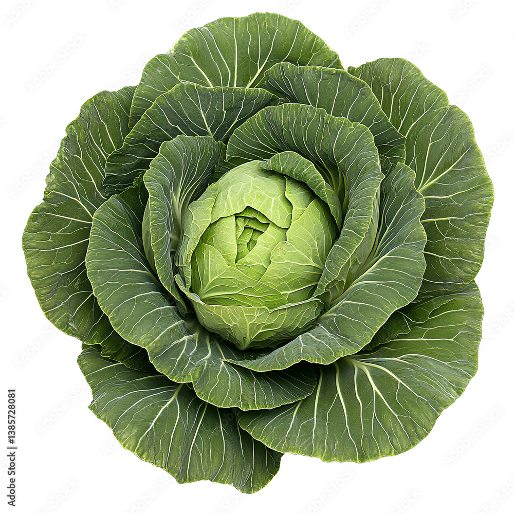Fototapeta premium A large cabbage, with its leaves spread out like petals to form the shape of an elegant flower, is displayed on a transparent background. png