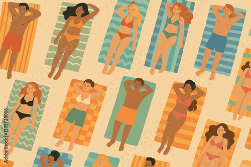 Colorful beach sunbathing pattern with relaxed people on towels