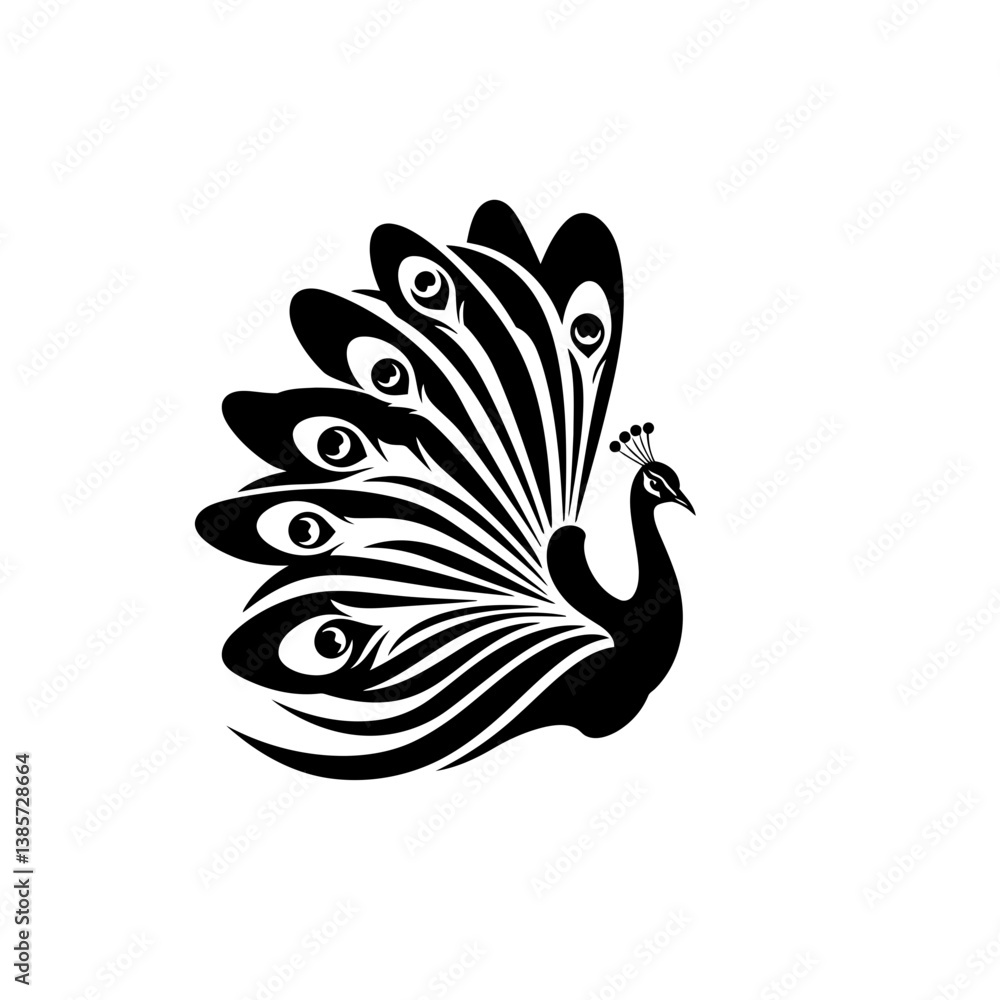 Obraz premium Peacock Silhouette in Elegant Silhouette: A striking black and white image of a peacock, radiating elegance with its fanned feathers in a bold, graphic style.