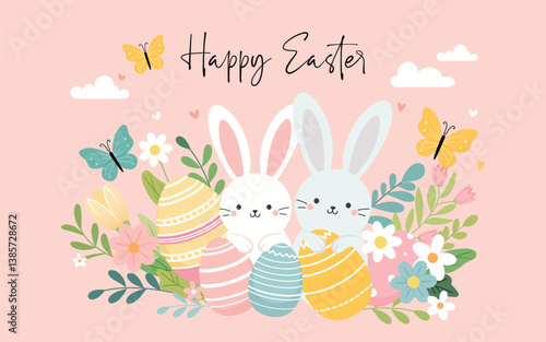 Happy Easter banner. Trendy Easter design with typography, bunny and eggs. Modern minimal style. Horizontal poster, greeting card, header for website