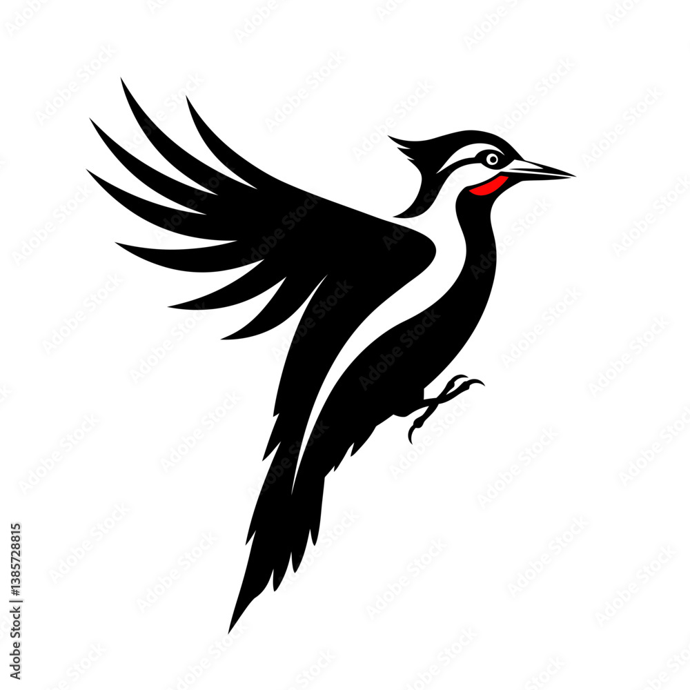 Fototapeta premium Woodpecker in Flight: A stylized, monochrome illustration of a woodpecker soaring gracefully through the air, showcasing the bird's elegant form and dynamic pose.