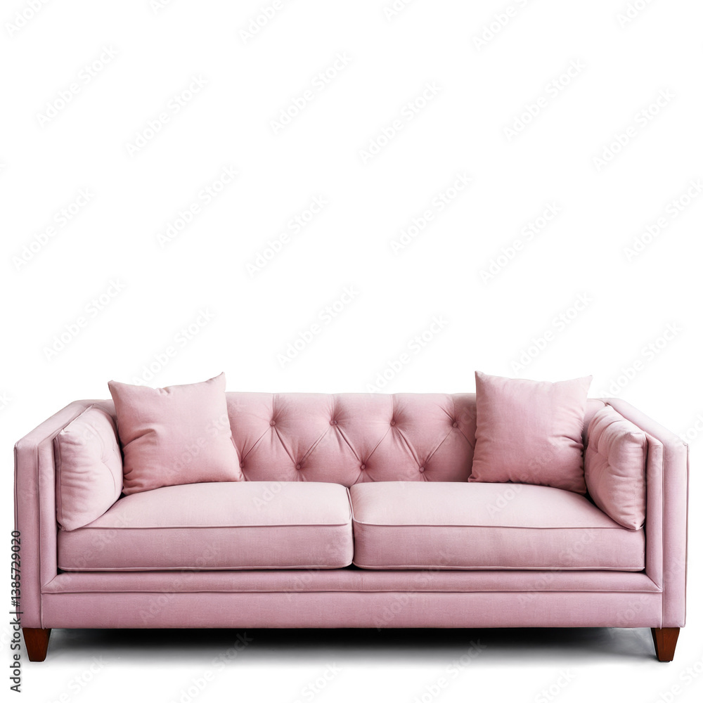 Elegant pink tufted sofa with accent pillows against a soft gradient backdrop Elegant pink tufted sofa with accent pillows against a soft gradient backdrop
