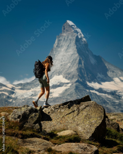 Young , beautiful caucasian woman in Switzerland mountains with matterhorn mountain in background.