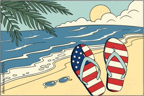 Patriotic American Flag Flip-Flops and Sunglasses on Beach with Palm Tree Illustration.
