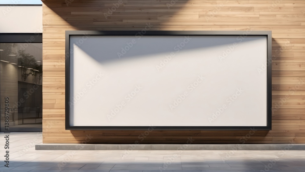 A blank wall-mounted billboard on the side of a modern store