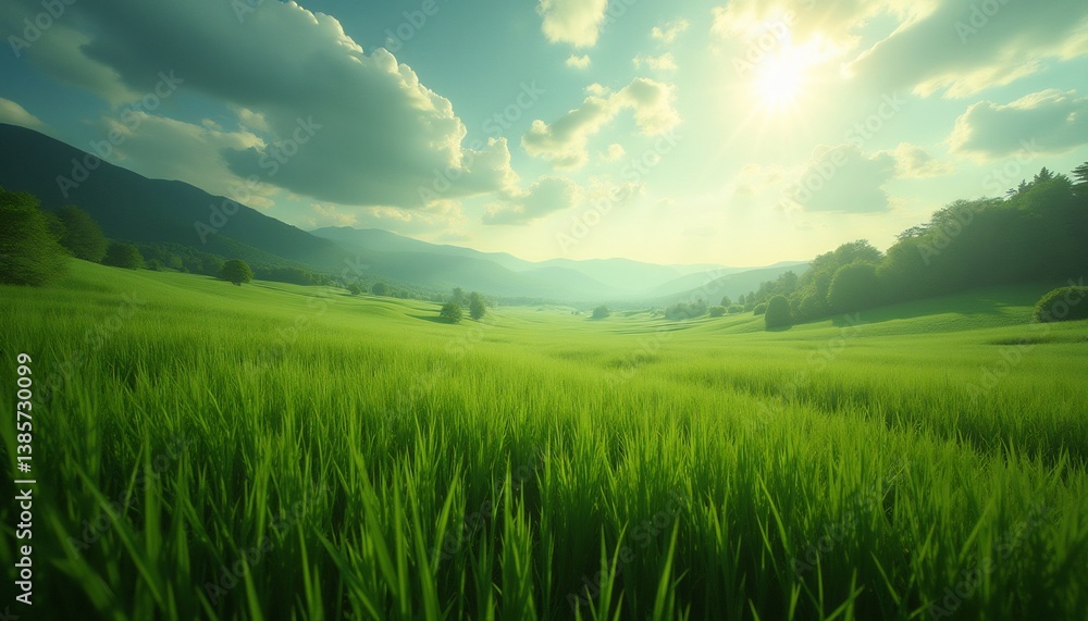 Lush Green Meadow With Distant Mountains Under Bright Sunlight And Cloudy Sky Lush Green Meadow With Distant Mountains Under Bright Sunlight And Cloudy Sky
