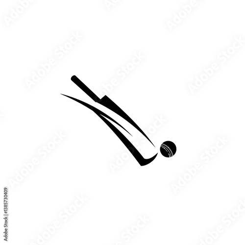 A black vector logo featuring an abstract representation of a cricket bat striking a ball on a white background_transparent