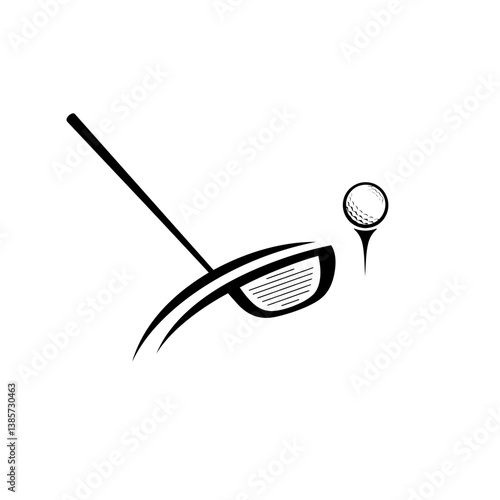 A black vector logo featuring an abstract representation of a golf club striking a ball on a white background_transparent