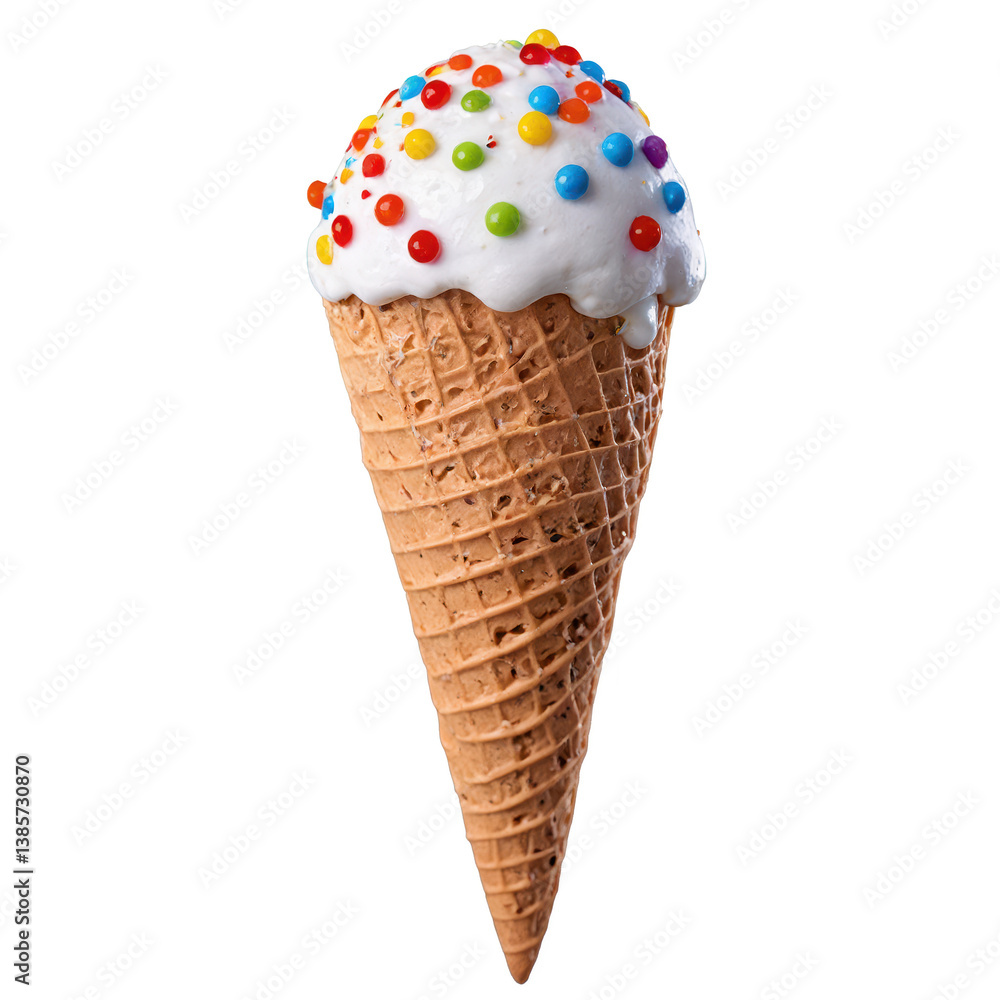 Detailed view of a delicious ice cream cone topped with whipped cream and colorful sprinkles on a soft background Detailed view of a delicious ice cream cone topped with whipped cream and colorful sprinkles on a soft background