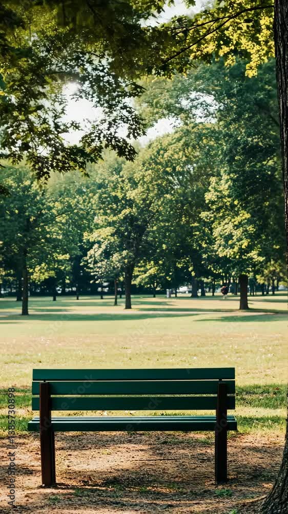 Park bench invites relaxation in a peaceful green landscape on a sunny afternoon surrounded by trees Park bench invites relaxation in a peaceful green landscape on a sunny afternoon surrounded by trees
