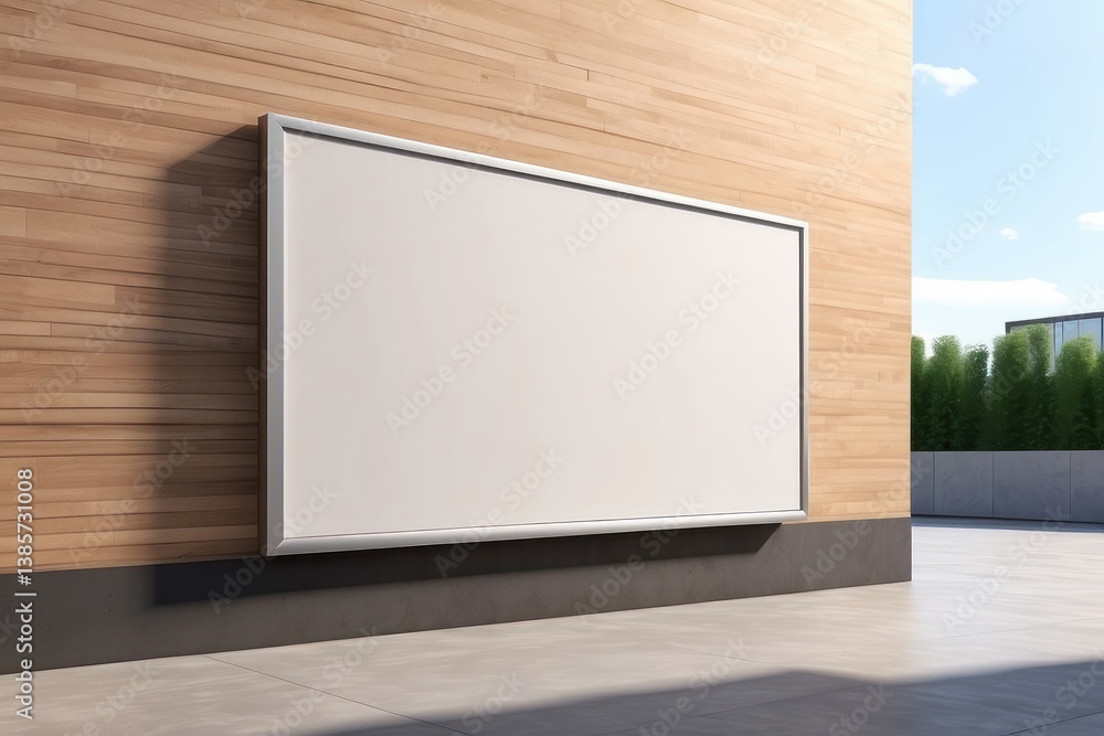 A blank wall-mounted billboard on the side of a modern store