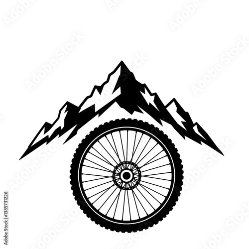 Mountain Bike Adventure: A mountain bike tire and a mountain peak symbolise adventure, challenge, exploration and the thrill of mountain biking.