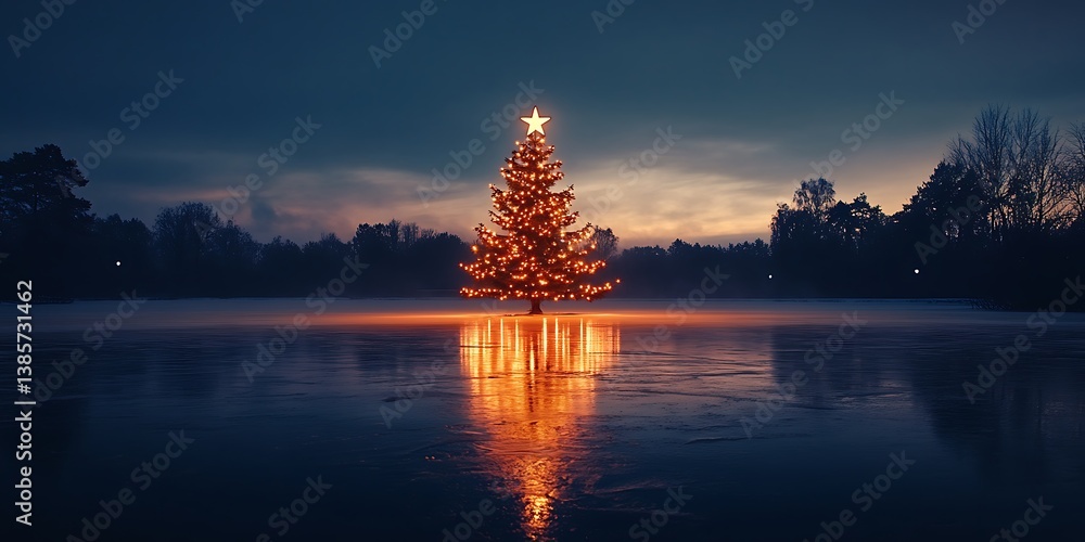 Illuminated Christmas Tree on Frozen Lake at Twilight Illuminated Christmas Tree on Frozen Lake at Twilight