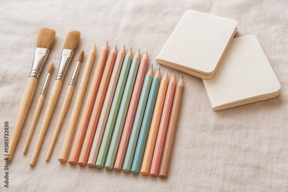 Naklejka premium Neatly arranged pastel colored pencils, paintbrushes and sketch pads on soft fabric surface. generative AI