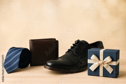Creative Fathers Day Gift Display With Tie, Glasses, and Present on Wooden Su...