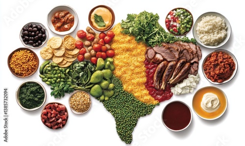 Fototapeta Naklejka Na Ścianę i Meble -  South America food map, diverse ingredients, culinary traditions, overhead view, stock photo