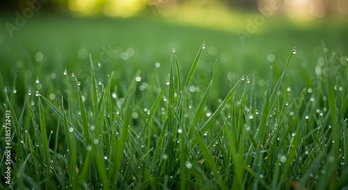 Fresh morning dew on vibrant green grass a serene nature scene with soft natural light and a blurred background capturing the beauty of a dewy lawn AI Generative