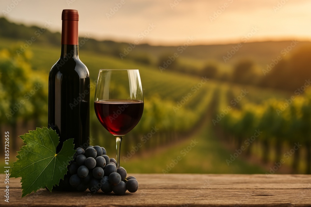 Fototapeta premium Sunset Vineyard Setting With Wine Bottle, Glass, and Grapes on Wooden Table