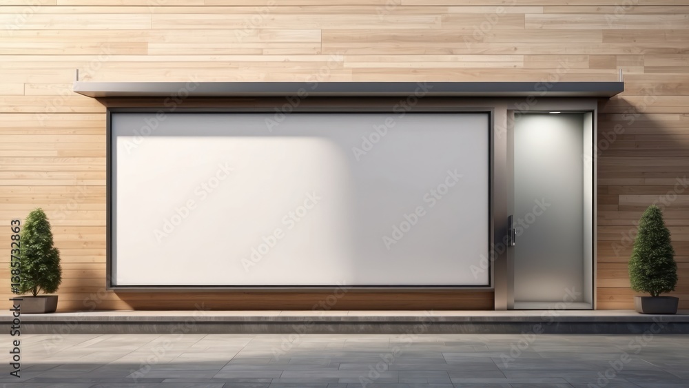 A blank wall-mounted billboard on the side of a modern store