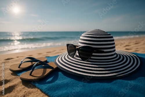 Relaxing Beach Accessories on a Sunny Shore With Clear Water and Soft Sand