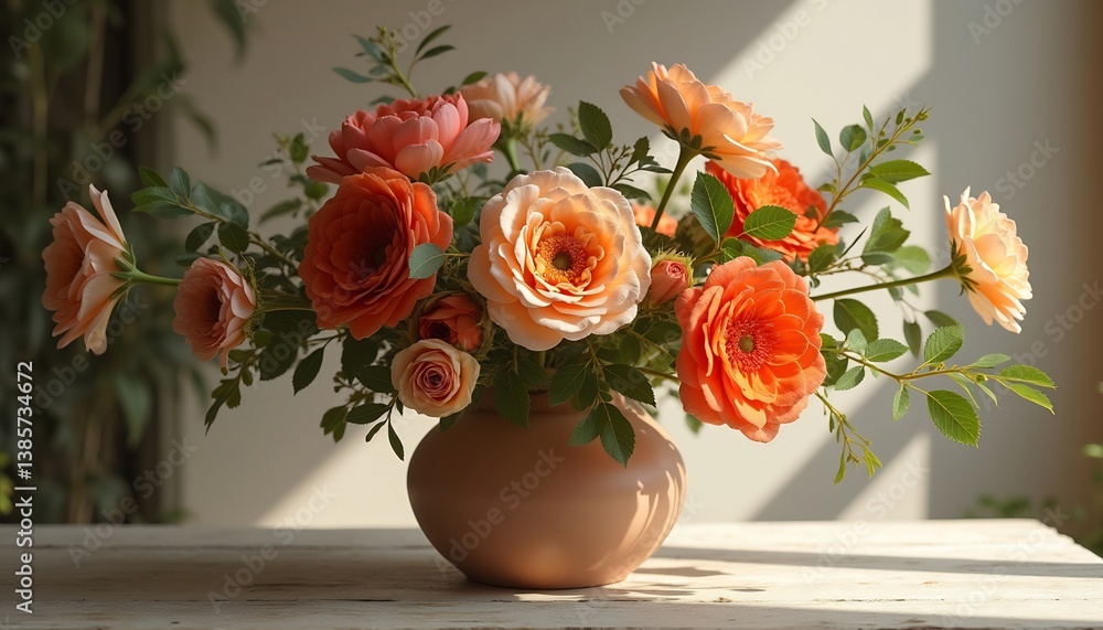 Orange Roses In Vase On Wooden Table With Soft Natural Light Orange Roses In Vase On Wooden Table With Soft Natural Light