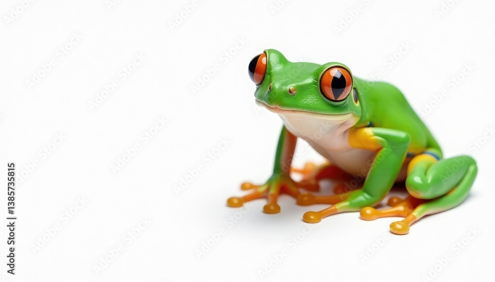 Obraz premium Green tree frog perched on white, vibrant colors, amphibian, isolated, reptile