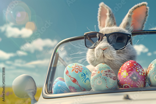 Easter bunny with Easter eggs bunny showing from a car