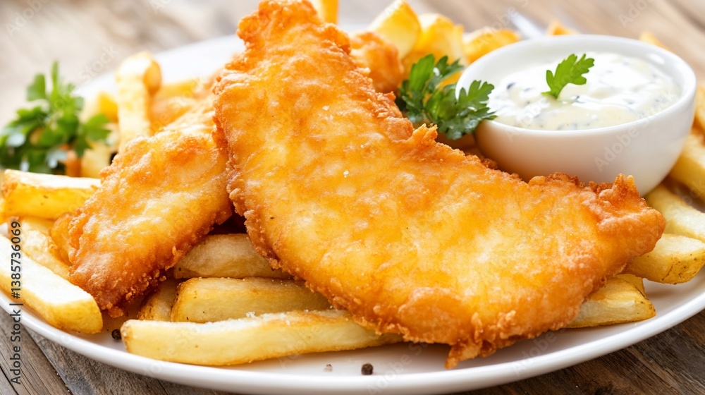 Crispy fried fish with fries, sauce, and parsley on white plate, close-up Crispy fried fish with fries, sauce, and parsley on white plate, close-up