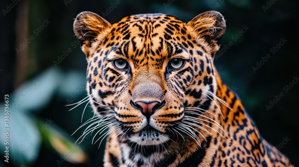 Fototapeta premium Jaguar stares intently, striking patterned fur and sharp blue eyes stand out