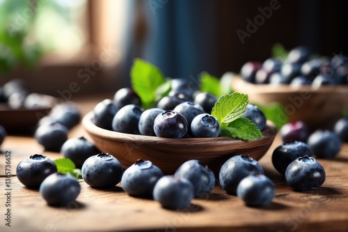 Obraz na płótnie A high-quality mockup featuring fresh blueberries arranged on a rustic wooden table w salonie