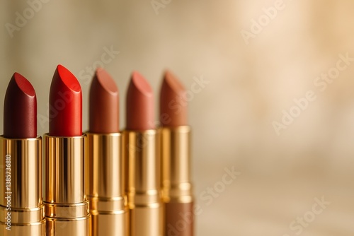 Selection of Lipsticks in Various Shades Displayed on a Neutral Background