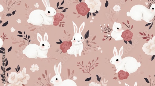 Cute White Rabbits with Flowers