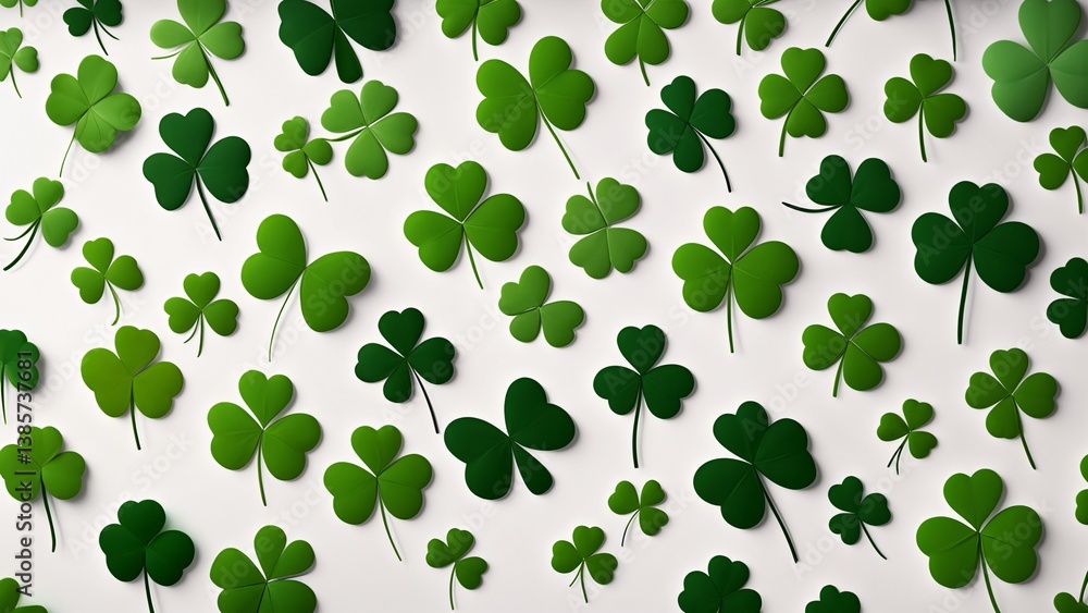 A large group of green clover leaves on a white surface. A large group of green clover leaves on a white surface.