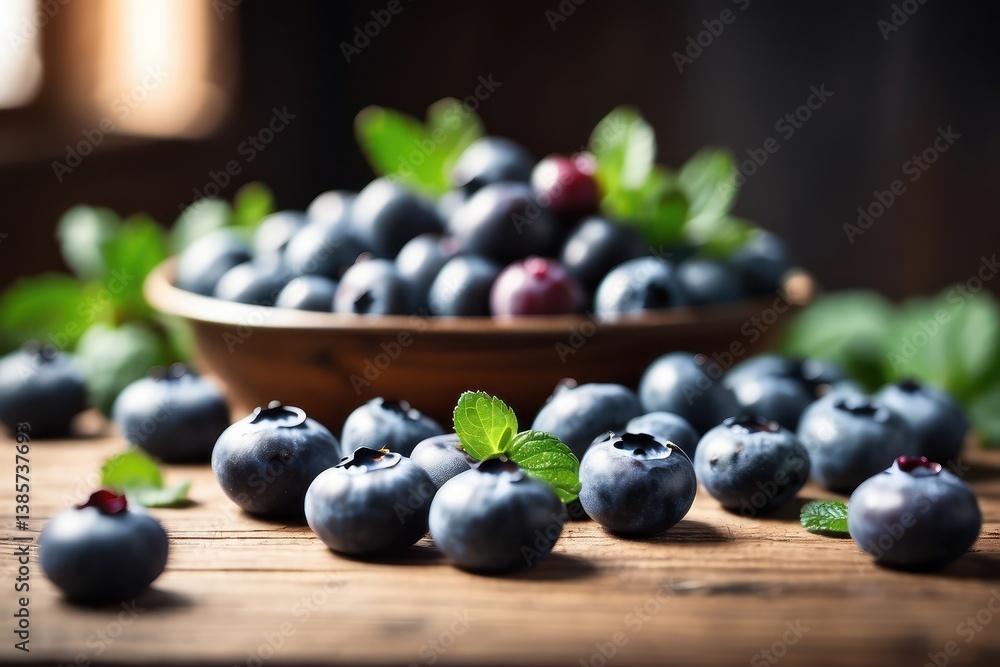 A high-quality mockup featuring fresh blueberries arranged on a rustic wooden table