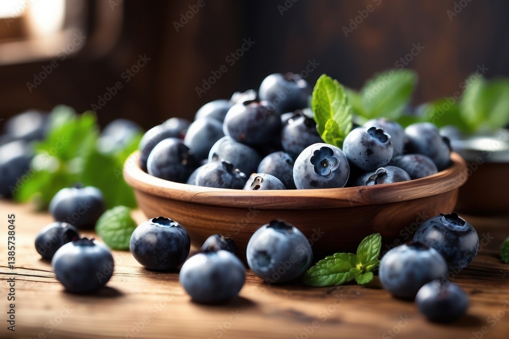 A high-quality mockup featuring fresh blueberries arranged on a rustic wooden table
