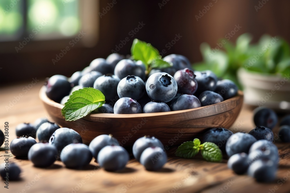 A high-quality mockup featuring fresh blueberries arranged on a rustic wooden table