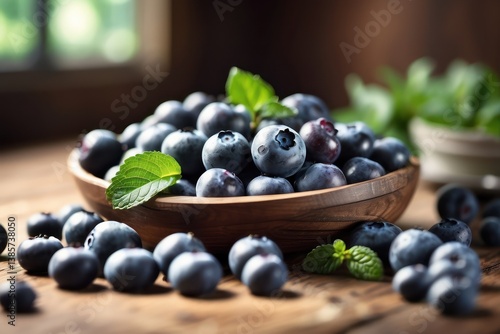 Obraz na płótnie A high-quality mockup featuring fresh blueberries arranged on a rustic wooden table w salonie