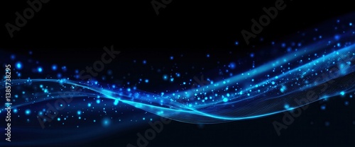 Abstract Blue Wave Background with Small Circles for Futuristic Technology Concept on Black Background, Vector Illustration for Banner or Poster Design