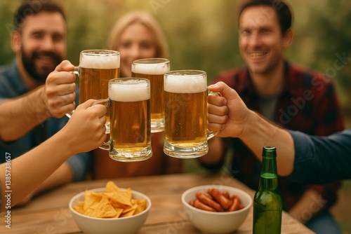 Friends Celebrate With Drinks and Snacks at Outdoor Gathering During Sunset