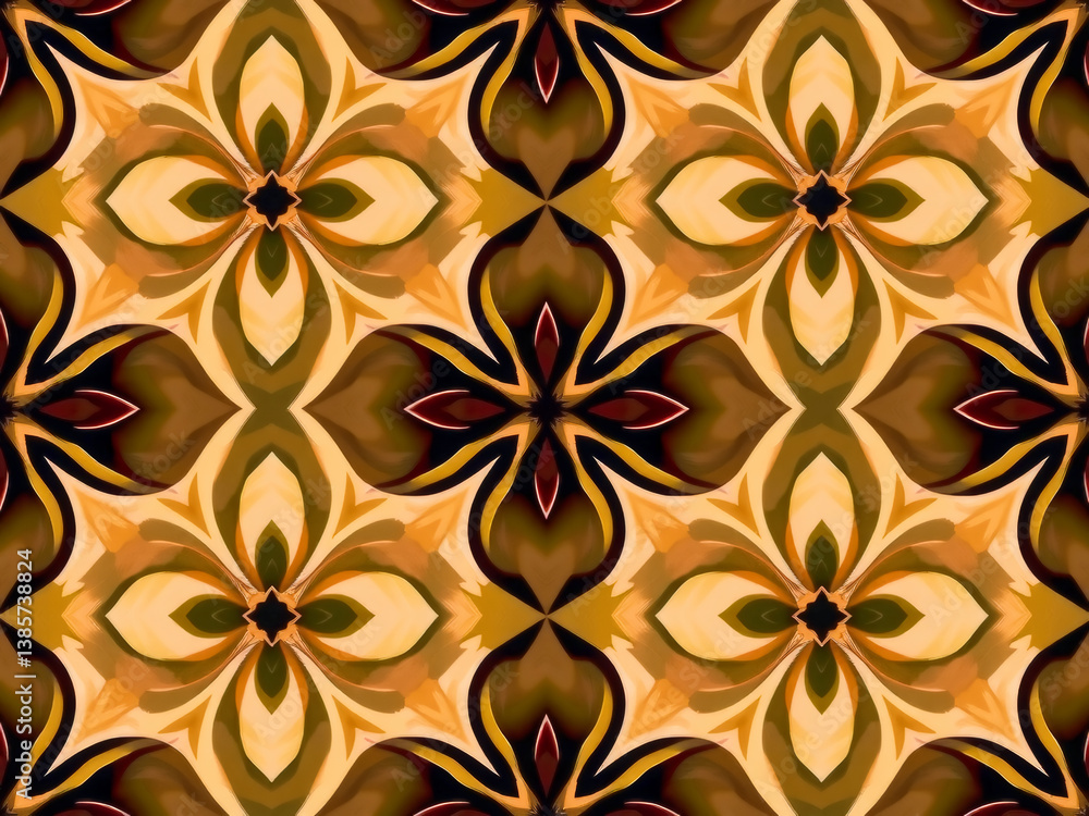 A pattern of brown and tan flowers with a brown background. The flowers are arranged in a way that they look like they are overlapping each other. Scene is warm and inviting, with the brown