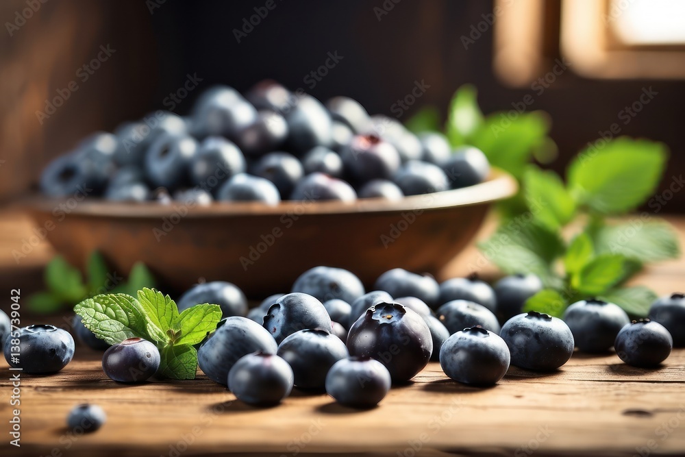 A high-quality mockup featuring fresh blueberries arranged on a rustic wooden table