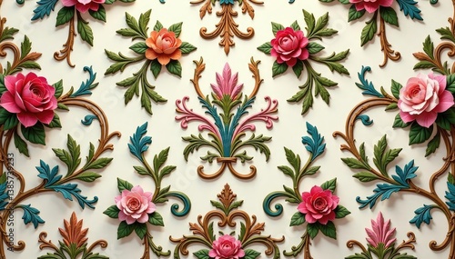 Intricate floral damask pattern in muted tones, house, leaves, fabric