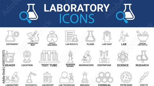 Laboratory icon set. Containing experiment, test tube, microscope, flask, chemical, biology, research, lab and more. Solid vector icons collection.