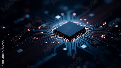 Close-up of a high-tech microchip with intricate circuits and glowing elements, dark background