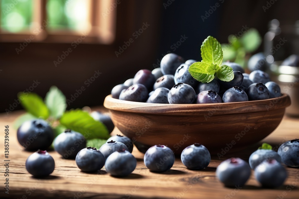 A high-quality mockup featuring fresh blueberries arranged on a rustic wooden table