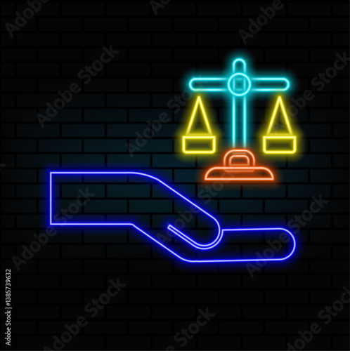 hand offering equality scales. neon style. Honesty Illustration. balance. neon. Scales of justice in hand